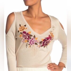 Johnny Was Cold Shoulder Floral Embroider Sweater